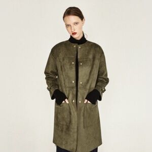 ZARA Women’s Size Medium Faux Suede Olive Green Button-Down Coat Gold Buttons